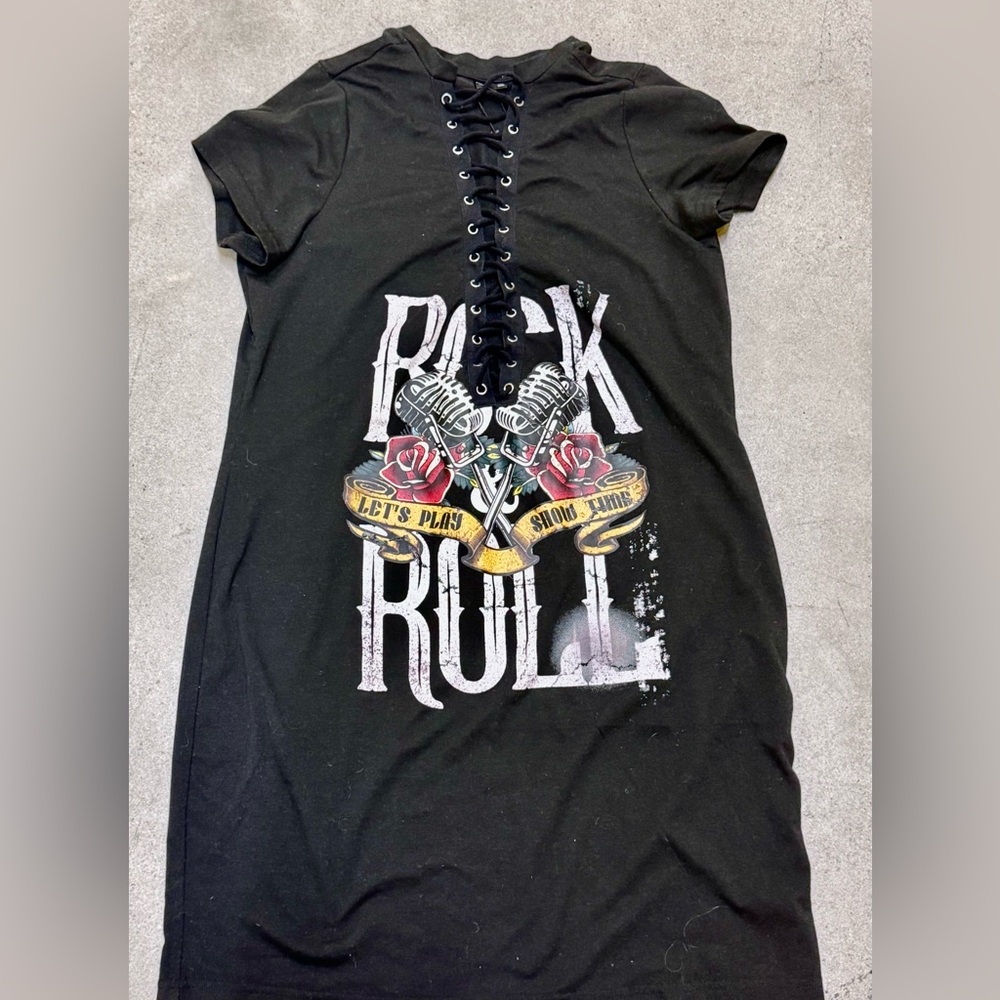 Black T-Shirt Dress Rock 'N' Roll Lace-Up Graphic Tee
